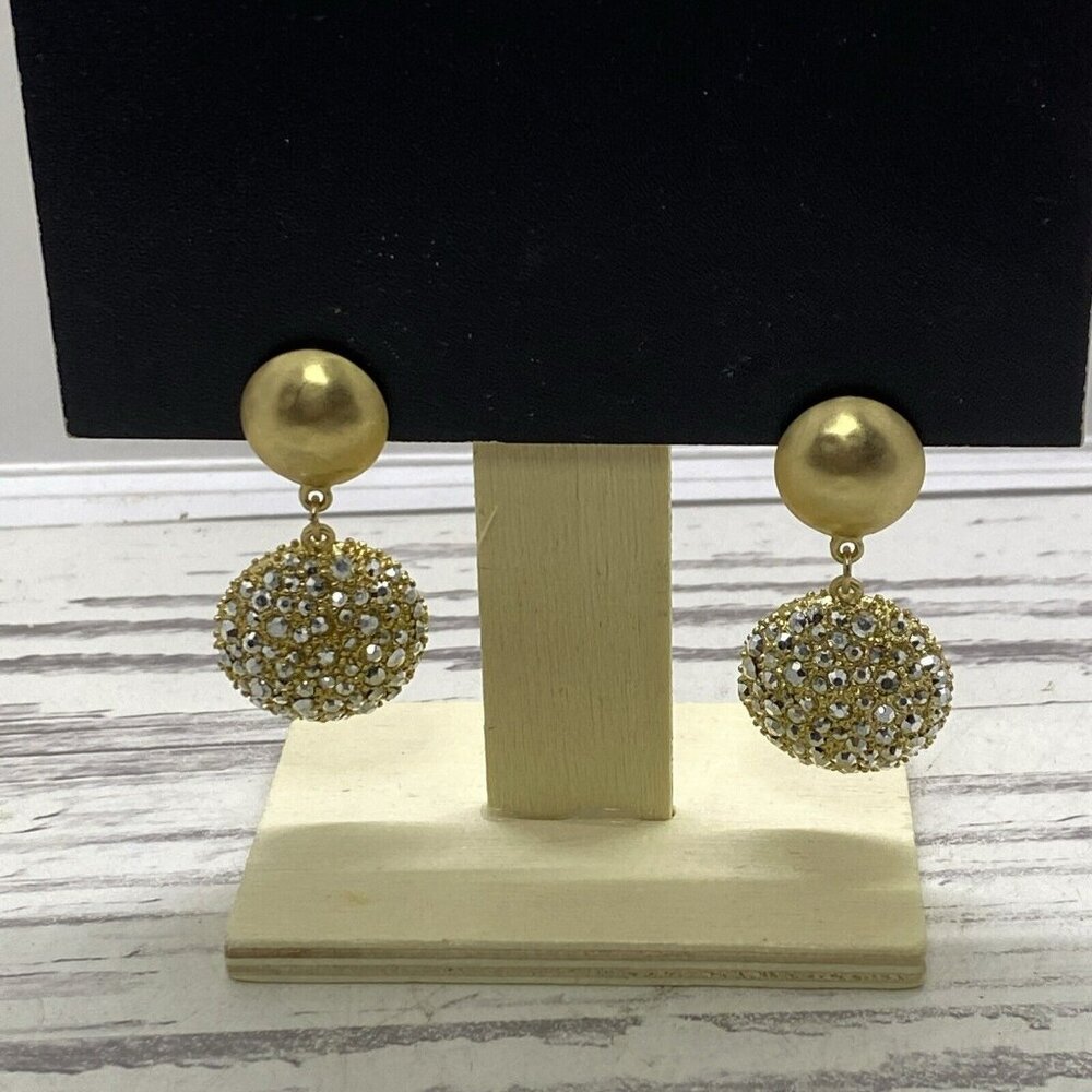 Vintage Gold Tone Rhinestone Dangle Ball Clip On Earrings